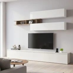 Pareti Attrezzate > Dmora Mobile salotto moderno 276cm bianco lucido e rovere - Gilma Marrone Rovere, Bianco Lucido