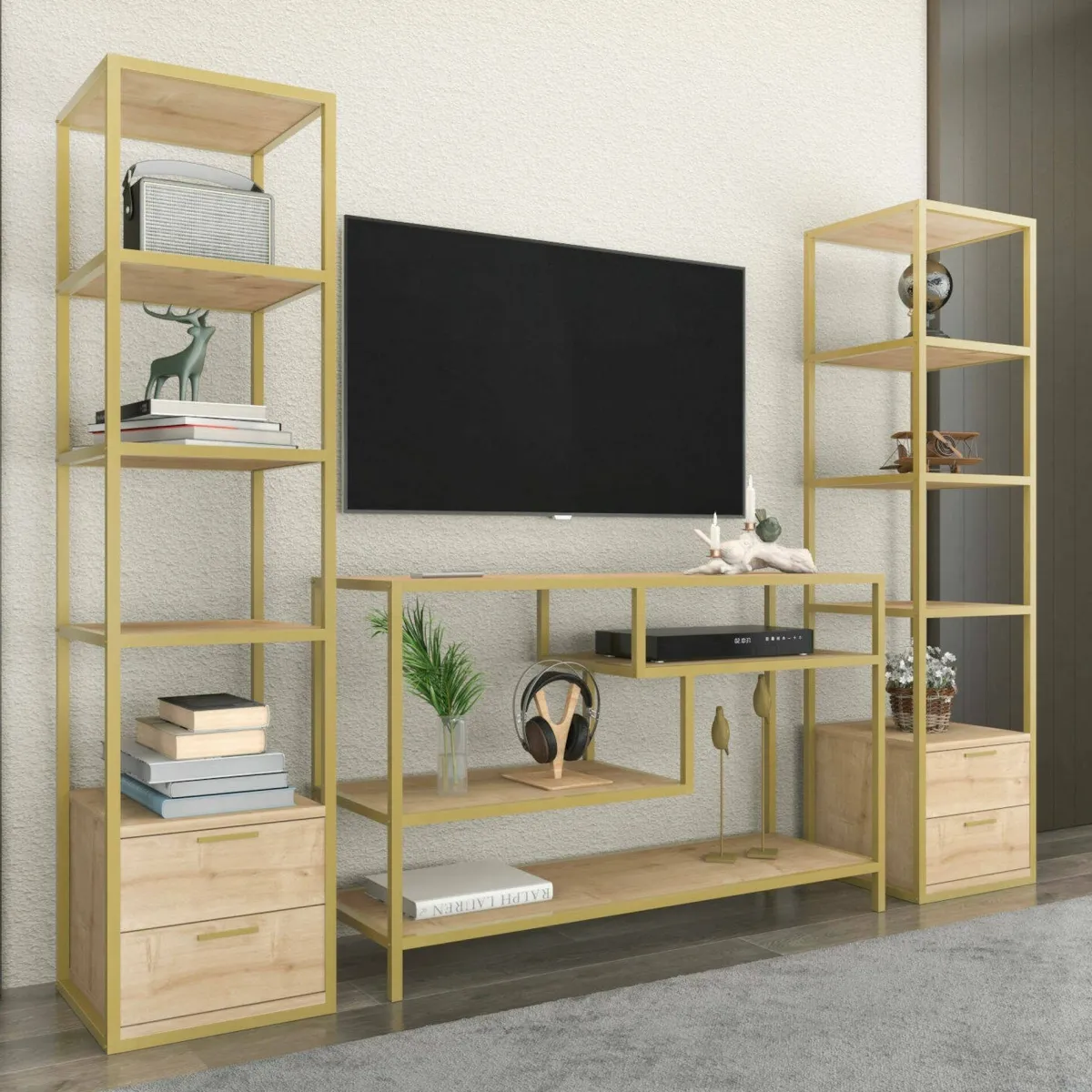 Salotto|Pareti Attrezzate > Dmora Mobile salotto moderno 198cm oro e quercia - Felion Marrone, Oro Quercia