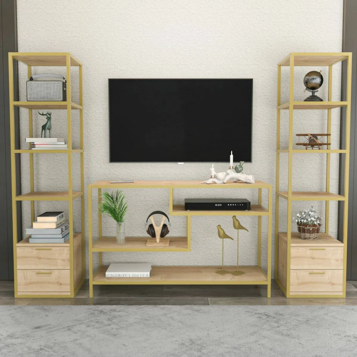 Salotto|Pareti Attrezzate > Dmora Mobile salotto moderno 198cm oro e quercia - Felion Marrone, Oro Quercia