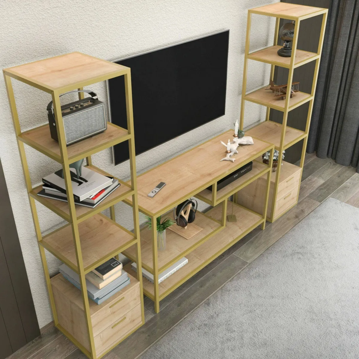 Salotto|Pareti Attrezzate > Dmora Mobile salotto moderno 198cm oro e quercia - Felion Marrone, Oro Quercia