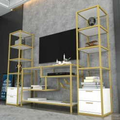Salotto|Pareti Attrezzate > Dmora Mobile salotto multifunzione 198cm oro e bianco - Felion Bianco, Oro Oro