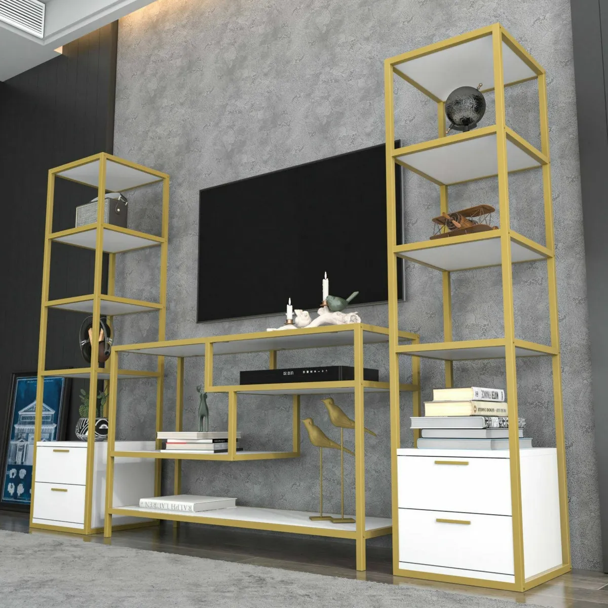 Salotto|Pareti Attrezzate > Dmora Mobile salotto multifunzione 198cm oro e bianco - Felion Bianco, Oro Oro