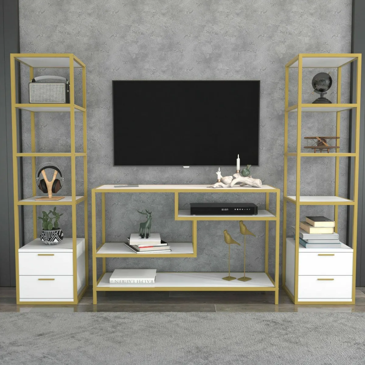Salotto|Pareti Attrezzate > Dmora Mobile salotto multifunzione 198cm oro e bianco - Felion Bianco, Oro Oro