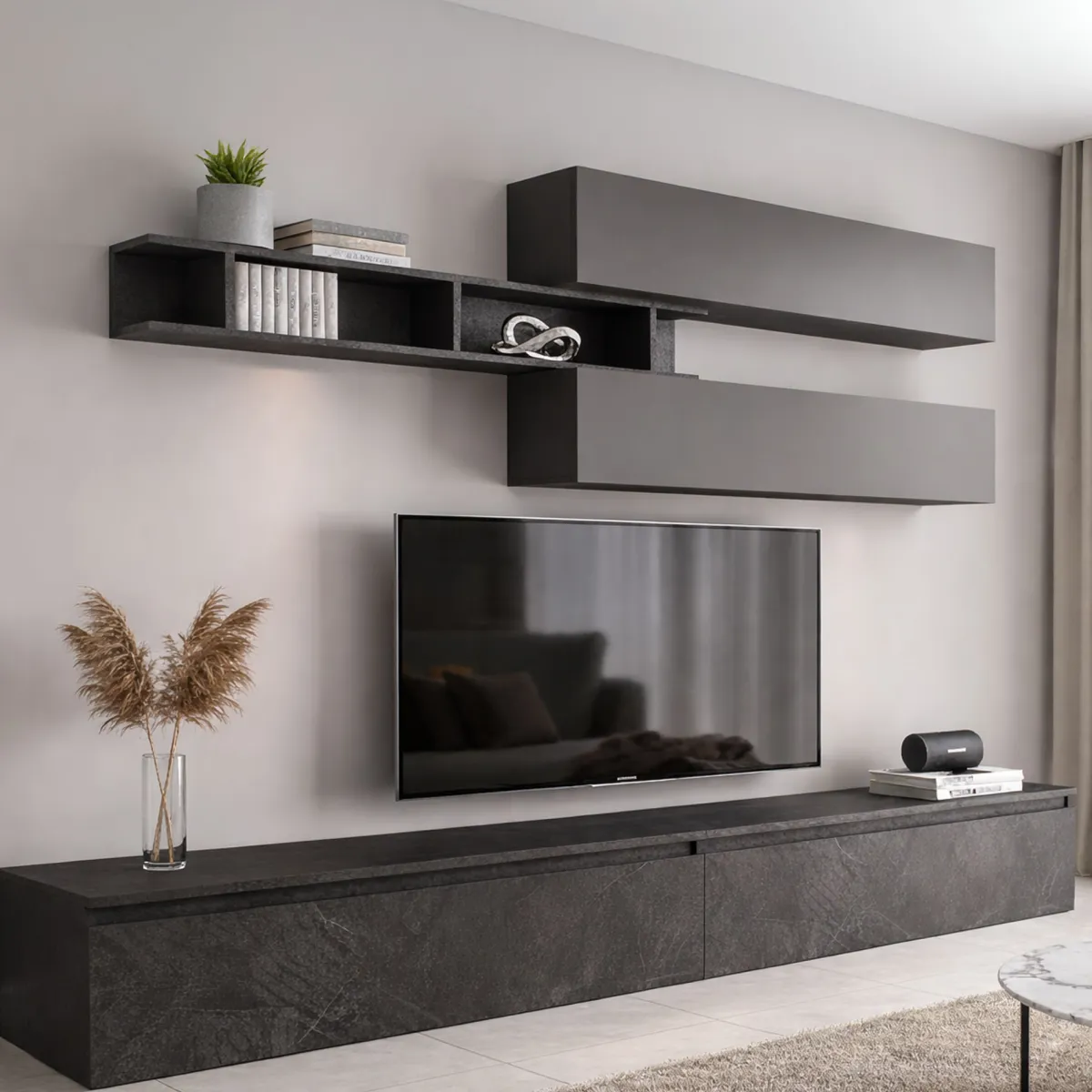 Pareti Attrezzate > Dmora Mobile salotto 6 ripiani 276cm ardesia e grigio scuro - Gilma Grigio Scuro, Grigio Ardesia