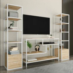 Salotto|Pareti Attrezzate > Dmora Mobile salotto 12 ripiani 198cm bianco e rovere - Felion Marrone, Bianco Rovere