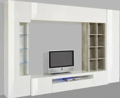 Mobile soggiorno con vetrina 290cm bianco lucido e cemento - Azuro