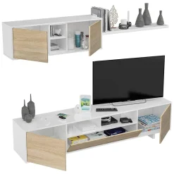 Salotto|Pareti Attrezzate > Dmora Mobile soggiorno in legno 200cm bianco lucido e rovere - Angora Marrone Rovere, Bianco Lucido