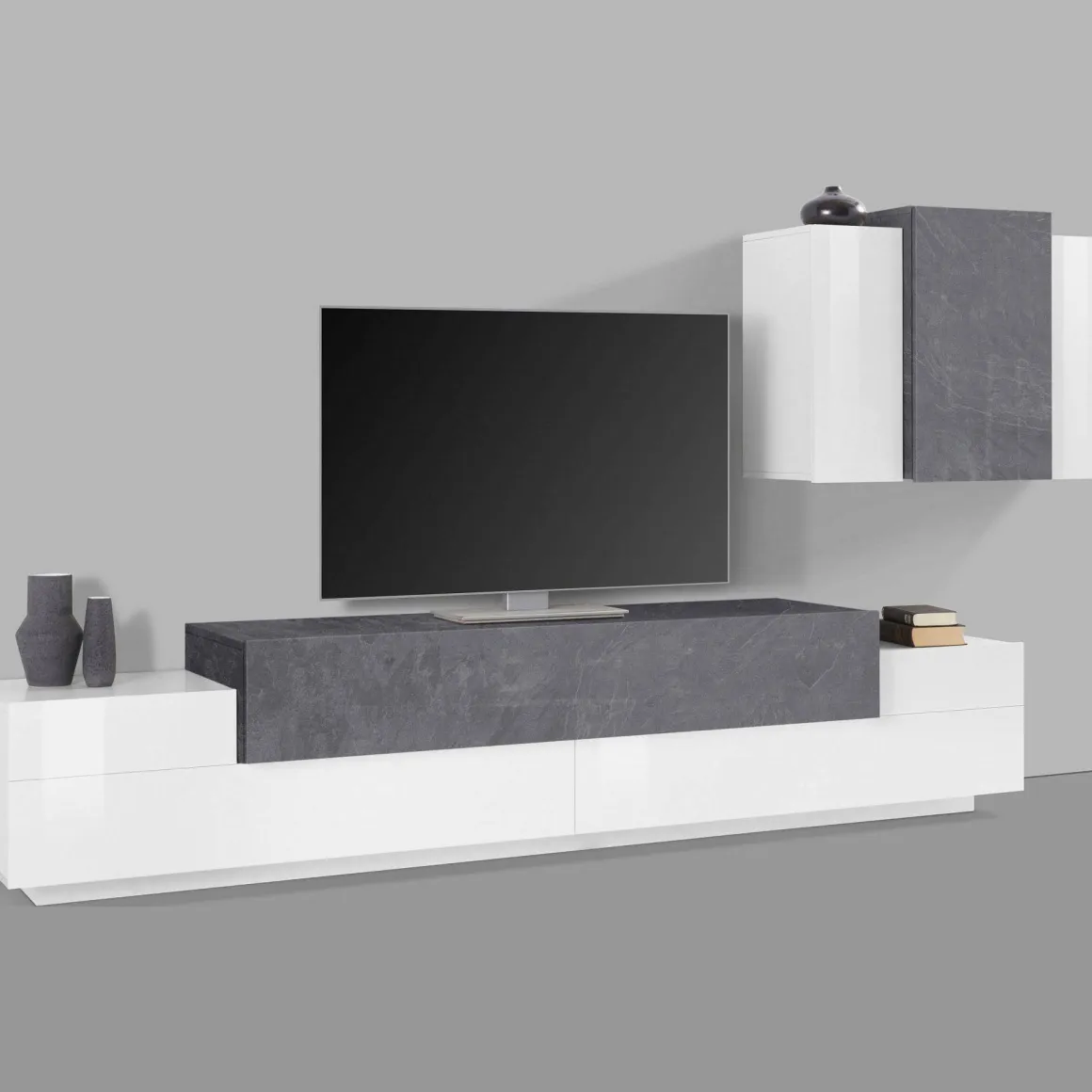 Mobile soggiorno in legno 240cm bianco lucido e ardesia - Alaskino