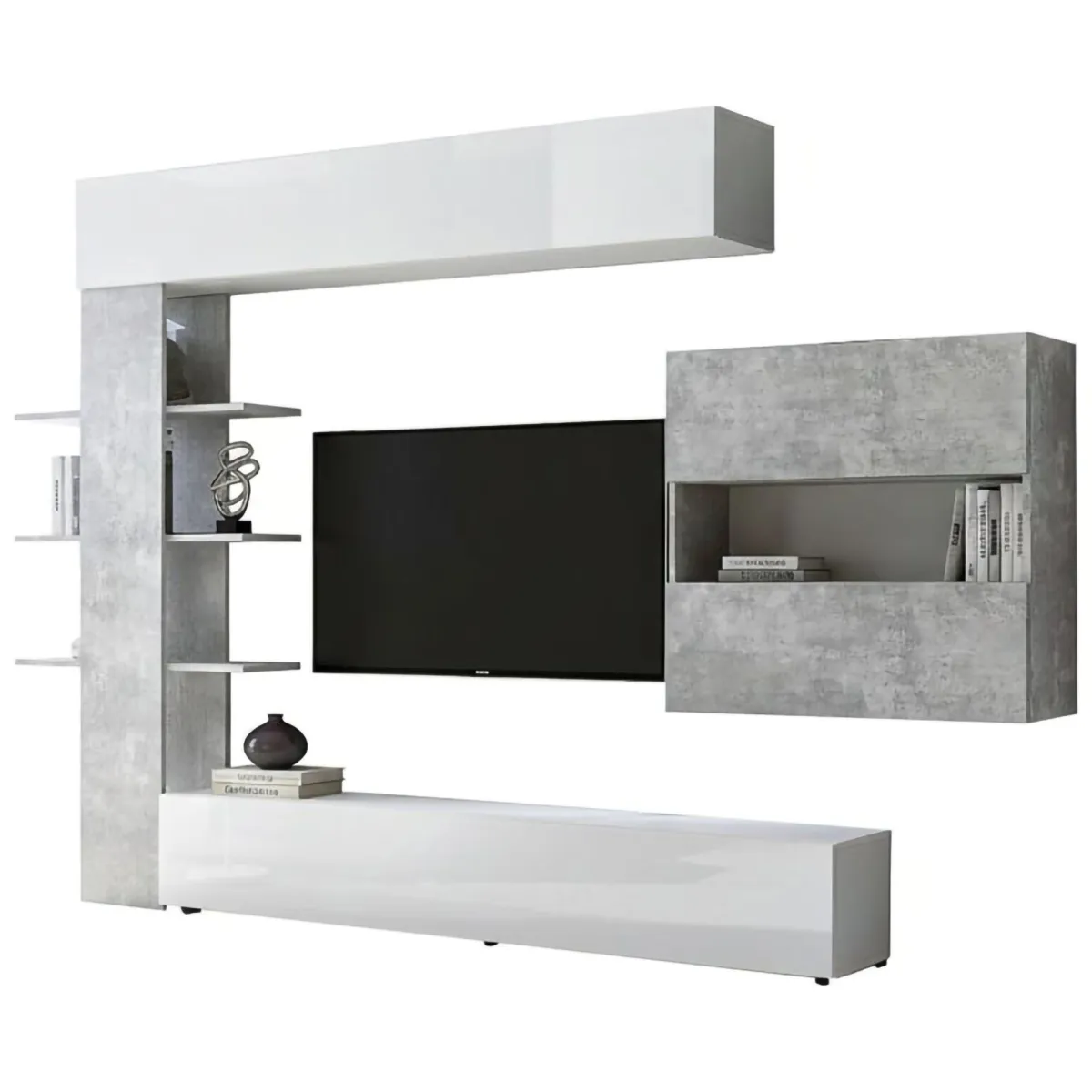 Pareti Attrezzate > Dmora Mobile soggiorno in legno e metallo 295cm bianco lucido e cemento - Aragosta Grigio Cemento, Bianco Lucido