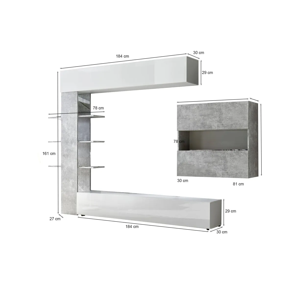 Pareti Attrezzate > Dmora Mobile soggiorno in legno e metallo 295cm bianco lucido e cemento - Aragosta Grigio Cemento, Bianco Lucido