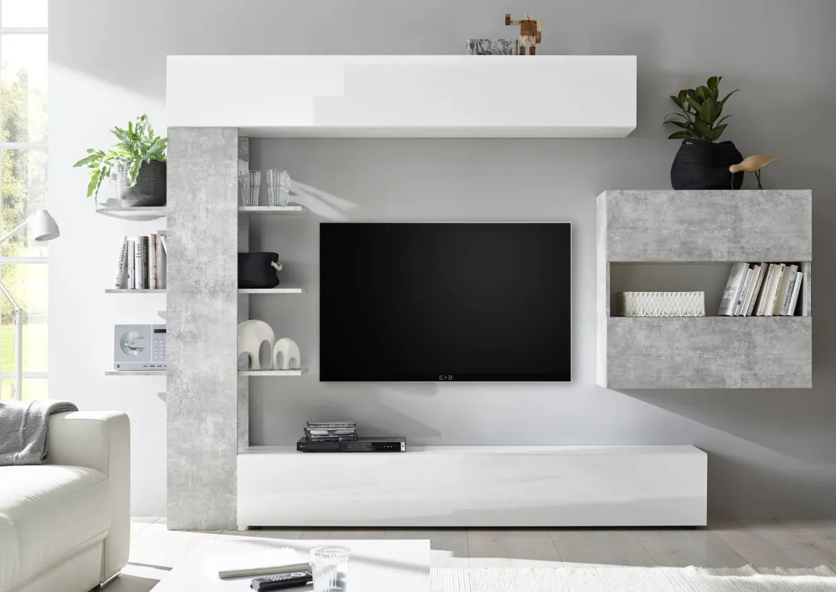Pareti Attrezzate > Dmora Mobile soggiorno in legno e metallo 295cm bianco lucido e cemento - Aragosta Grigio Cemento, Bianco Lucido