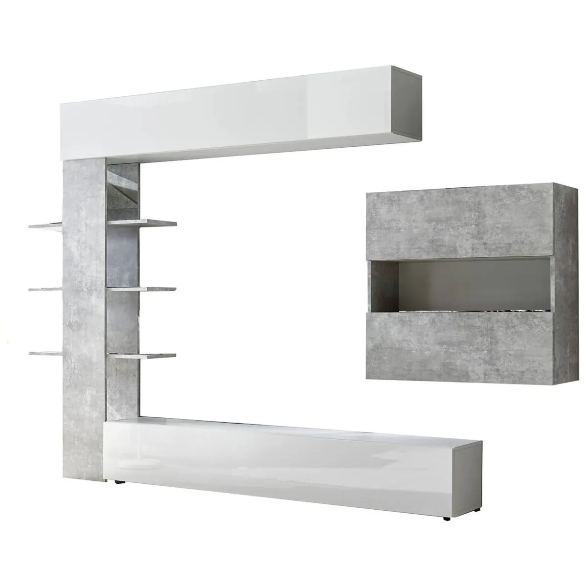Pareti Attrezzate > Dmora Mobile soggiorno in legno e metallo 295cm bianco lucido e cemento - Aragosta Grigio Cemento, Bianco Lucido