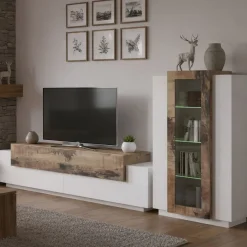 Mobile soggiorno in vetro e legno 280cm bianco lucido e acero - Anisia