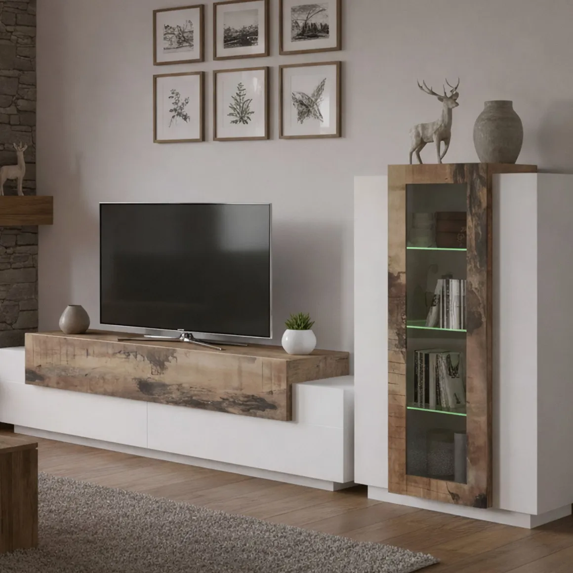 Mobile soggiorno in vetro e legno 280cm bianco lucido e acero - Anisia