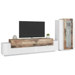 Mobile soggiorno in vetro e legno 280cm bianco lucido e acero - Anisia