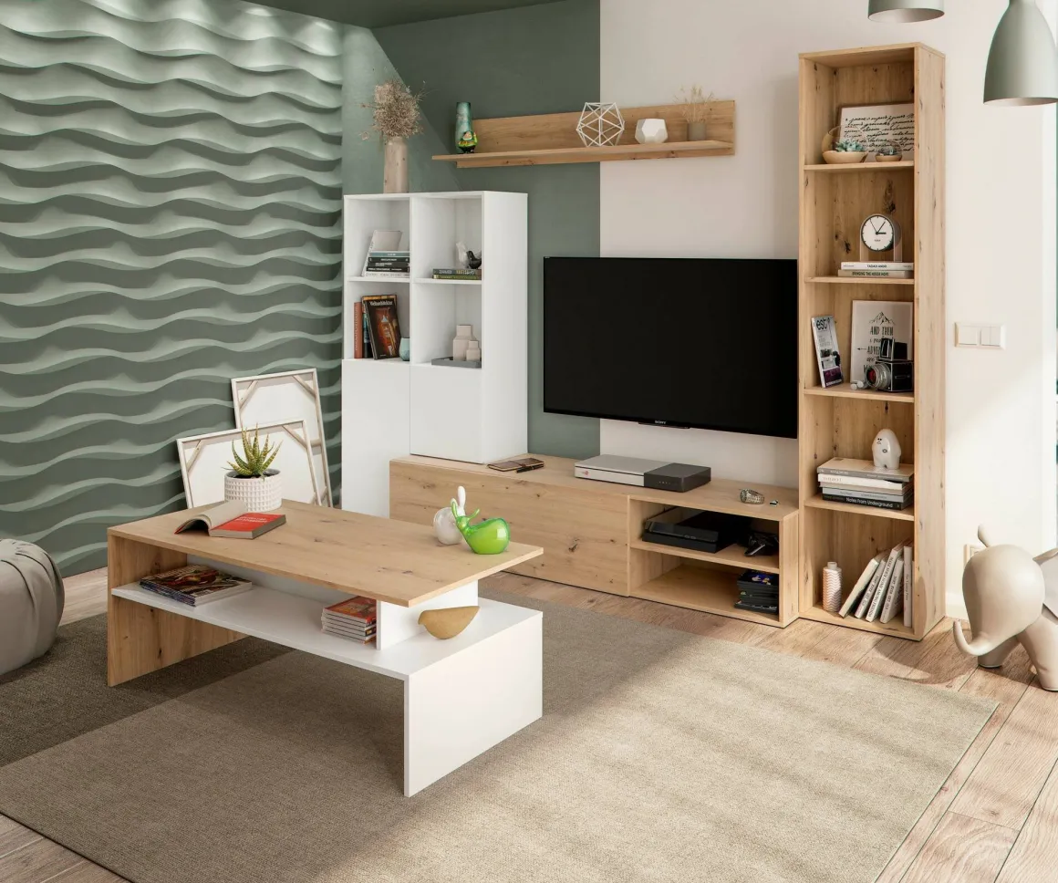 Mobile soggiorno modulabile 241cm bianco e legno - Argus
