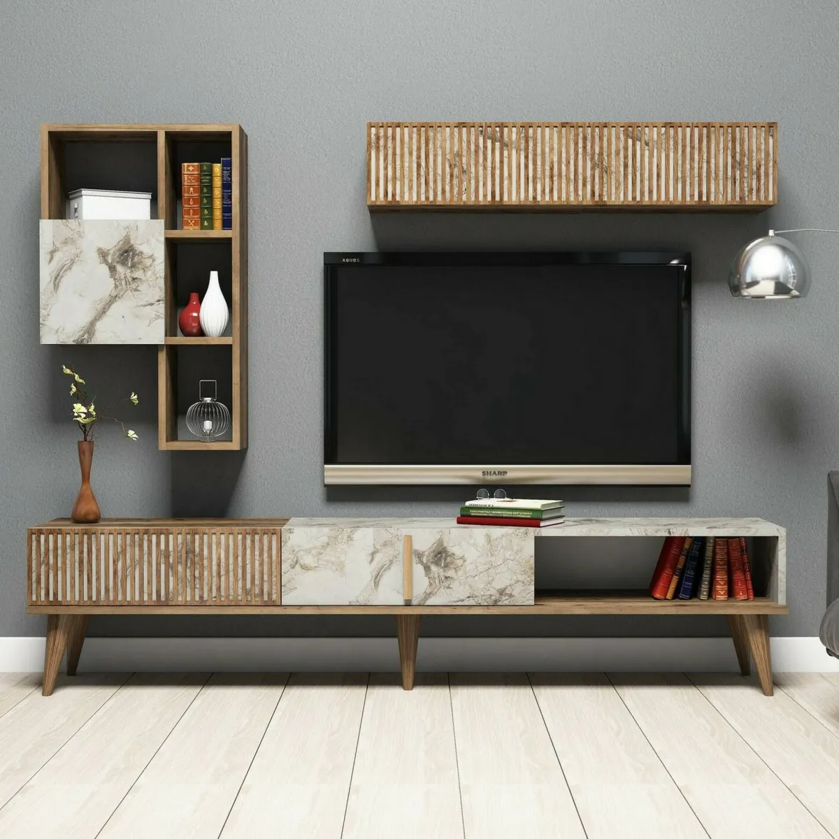 Salotto|Pareti Attrezzate > Dmora Mobile soggiorno smart 180cm noce e bianco marmo - Ostro Bianco Marmo, Marrone Noce