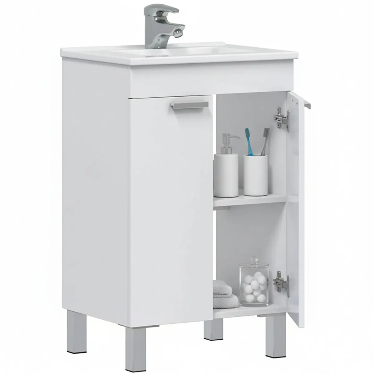 Mobili Sottolavabo > Dmora Mobile Sottolavabo 2 Ante Apertura Battente 50x39x80h cm, Piedini Alluminio - Tuglie Bianco Lucido