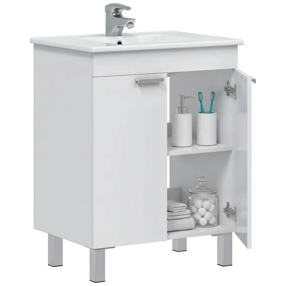 Mobile Sottolavabo Bianco Lucido 2 Ante Apertura Battente 60x45x80h cm, Piedini Alluminio - Polino