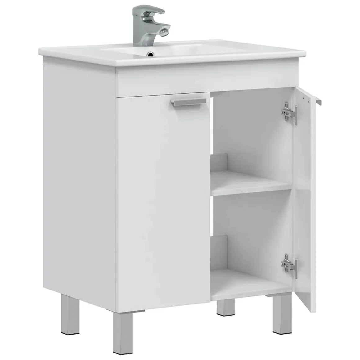 Mobile Sottolavabo Bianco Lucido 2 Ante Apertura Battente 60x45x80h cm, Piedini Alluminio - Polino