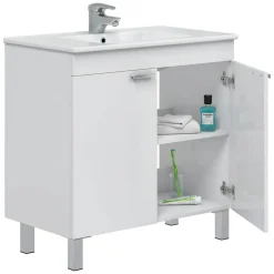 Mobile Sottolavabo Bianco Lucido 2 Ante Apertura Battente 80x45x80h cm, Piedini Alluminio - Massiola