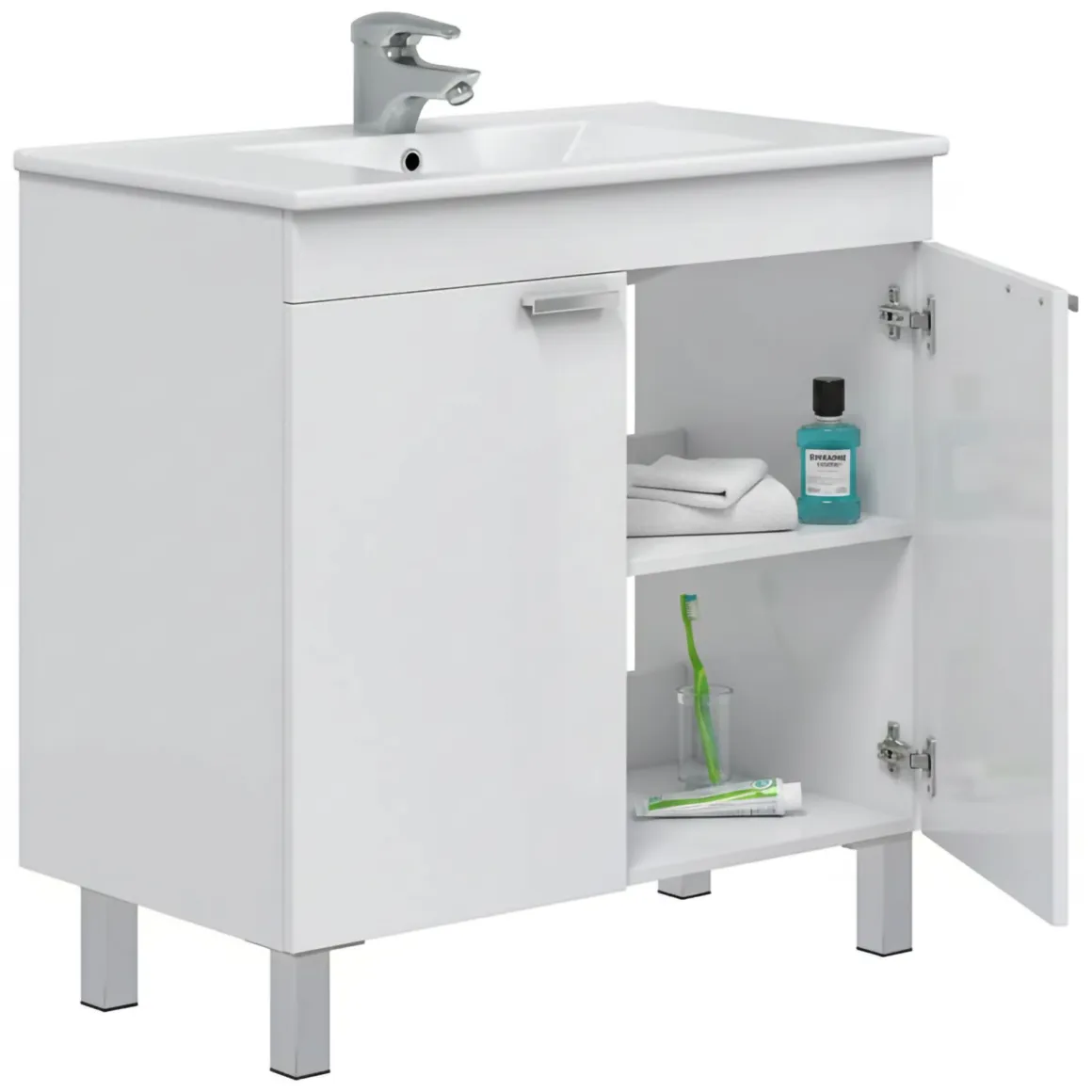 Mobile Sottolavabo Bianco Lucido 2 Ante Apertura Battente 80x45x80h cm, Piedini Alluminio - Massiola