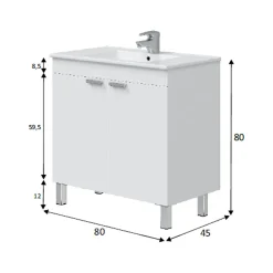 Mobile Sottolavabo Bianco Lucido 2 Ante Apertura Battente 80x45x80h cm, Piedini Alluminio - Massiola
