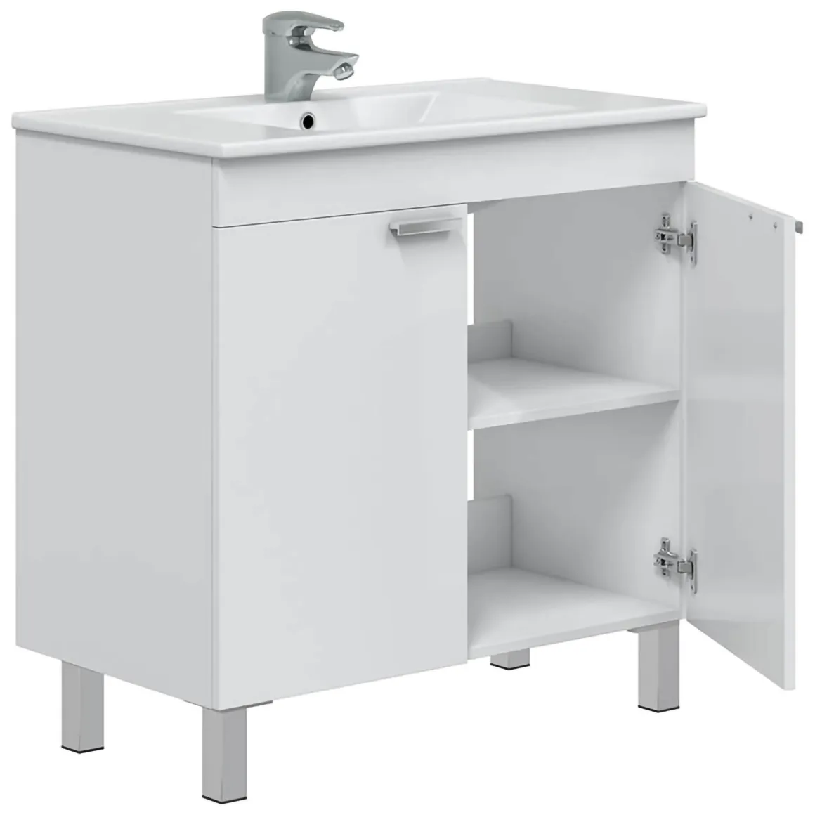 Mobile Sottolavabo Bianco Lucido 2 Ante Apertura Battente 80x45x80h cm, Piedini Alluminio - Massiola