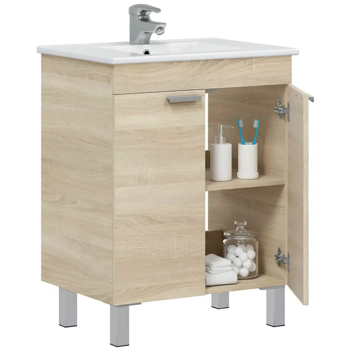 Mobile Sottolavabo Marrone Rovere 2 Ante Apertura Battente 60x45x80h cm, Piedini Alluminio - Polino
