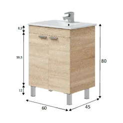 Mobile Sottolavabo Marrone Rovere 2 Ante Apertura Battente 60x45x80h cm, Piedini Alluminio - Polino