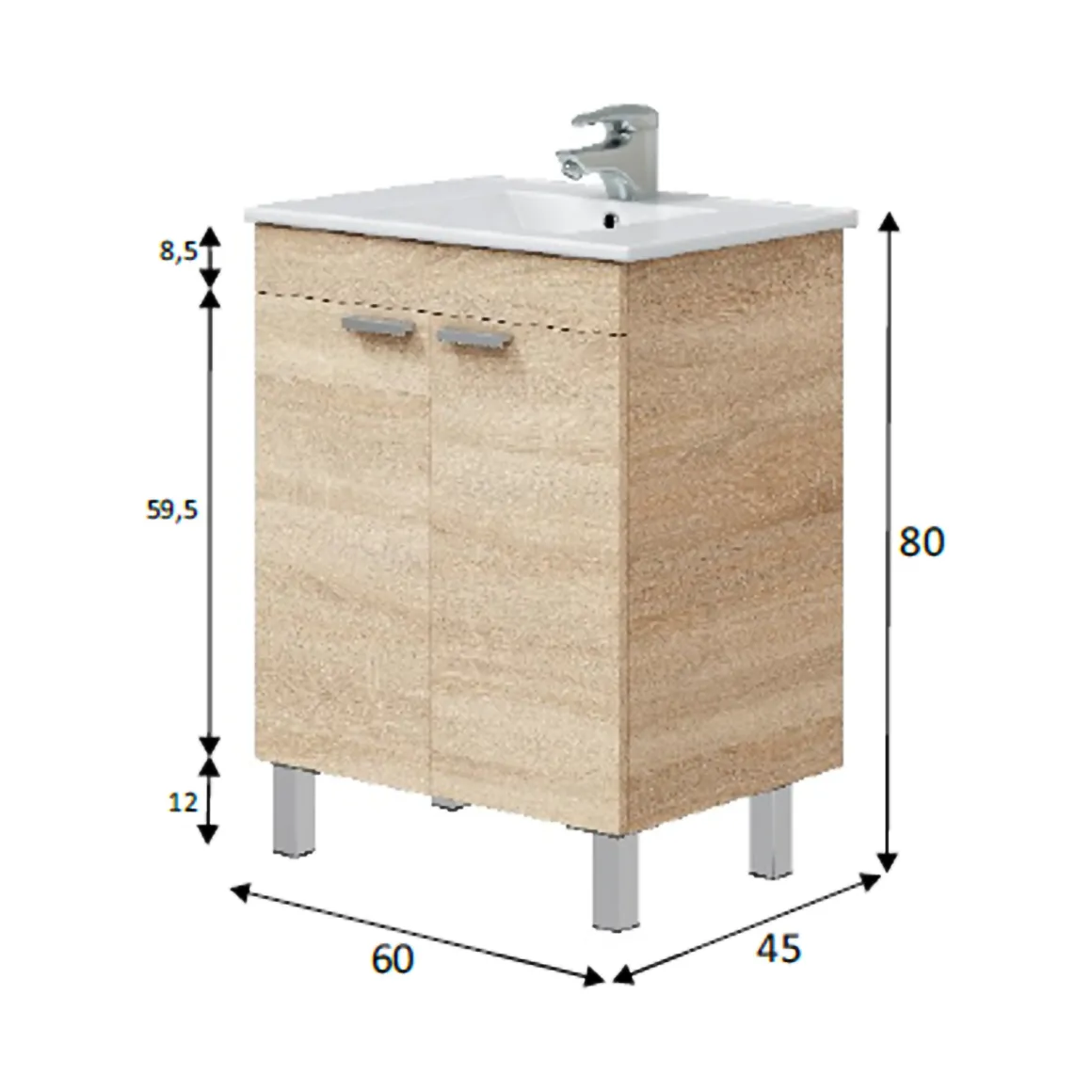 Mobile Sottolavabo Marrone Rovere 2 Ante Apertura Battente 60x45x80h cm, Piedini Alluminio - Polino