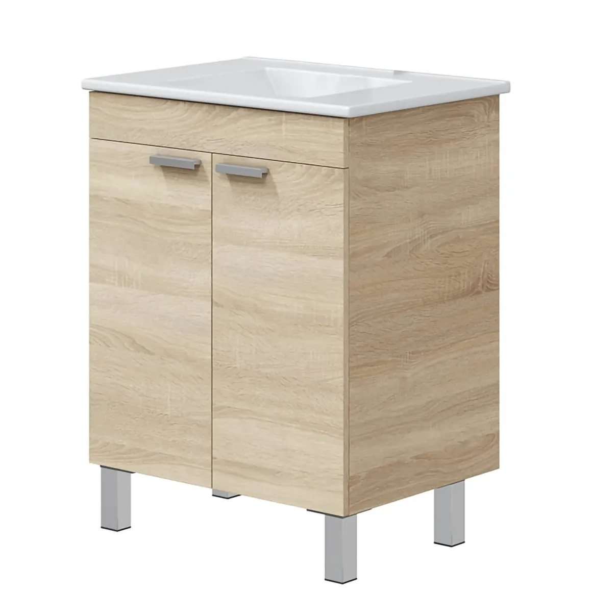 Mobile Sottolavabo Marrone Rovere 2 Ante Apertura Battente 60x45x80h cm, Piedini Alluminio - Polino