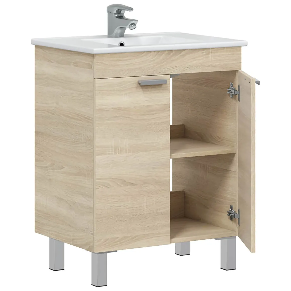 Mobile Sottolavabo Marrone Rovere 2 Ante Apertura Battente 60x45x80h cm, Piedini Alluminio - Polino