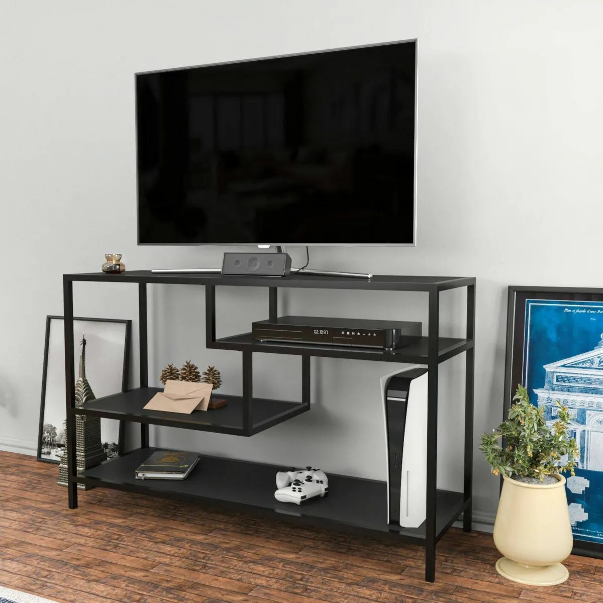 Mobili Porta Tv|Salotto > Dmora Mobile TV antracite e nero 120x39x75h cm in legno - Ivette Nero, Nero Antracite