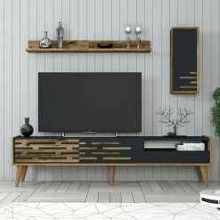 Mobili Porta Tv|Salotto > Dmora Mobile TV antracite e noce 180x45x35h cm 3 ante - Upana Marrone Noce, Nero Antracite