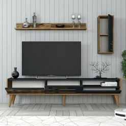 Mobili Porta Tv|Salotto > Dmora Mobile TV antracite e noce 180x45x35h cm 3 ante - Upana Marrone Noce, Nero Antracite