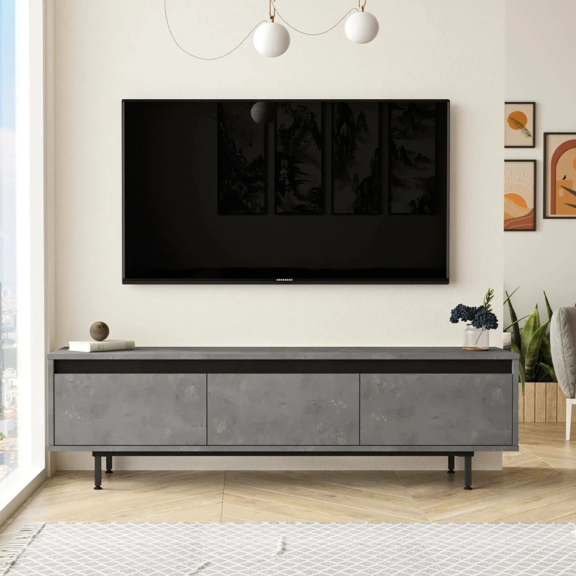 Mobile TV argento e nero 160x35x45h cm 3 ante - Titli