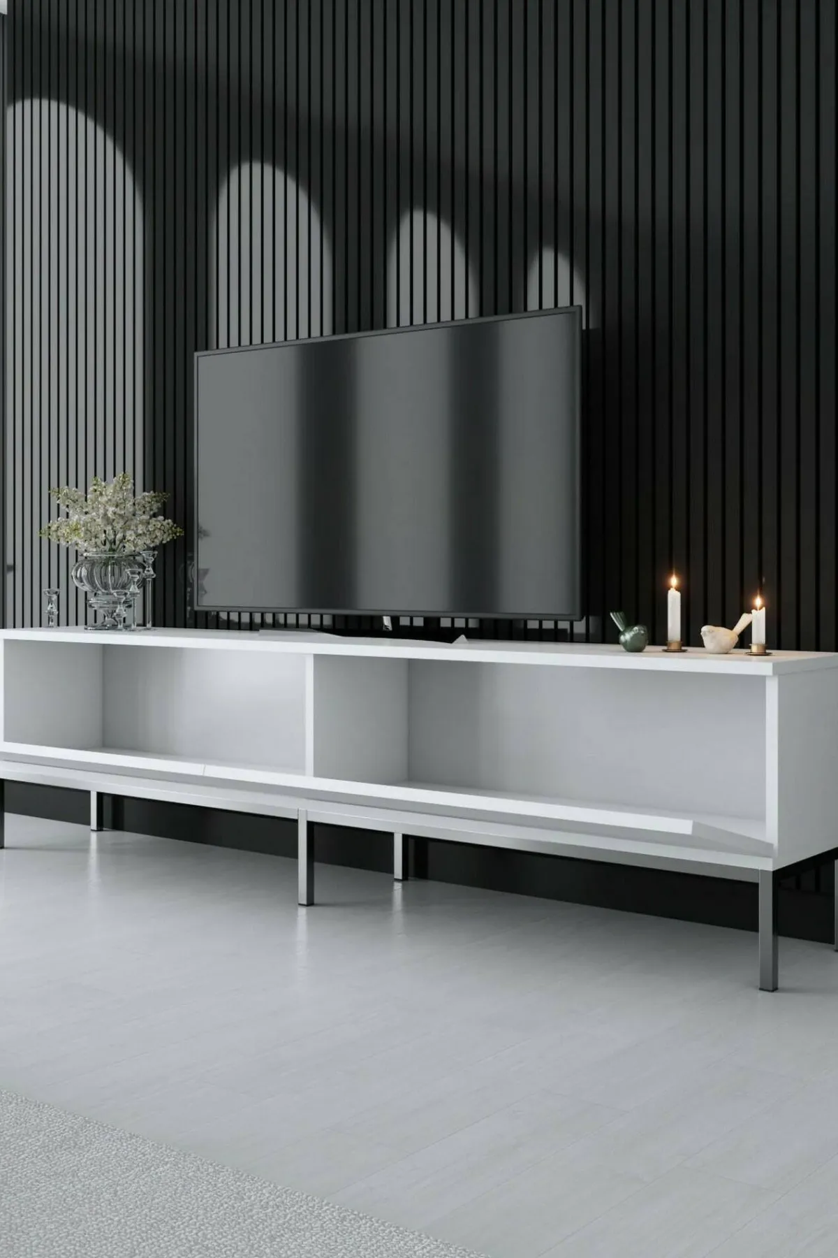 Mobili Porta Tv|Salotto > Dmora Mobile TV bianco e argento 180x30x47h cm modulabile - Espero Argento, Bianco