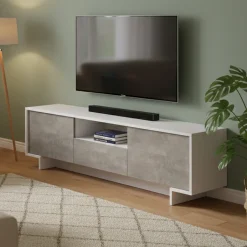 Mobili Porta Tv|Salotto > Dmora Mobile TV bianco e cemento 170x42x48h cm 2 ante e 1 cassetto - Atina Grigio, Bianco Cemento