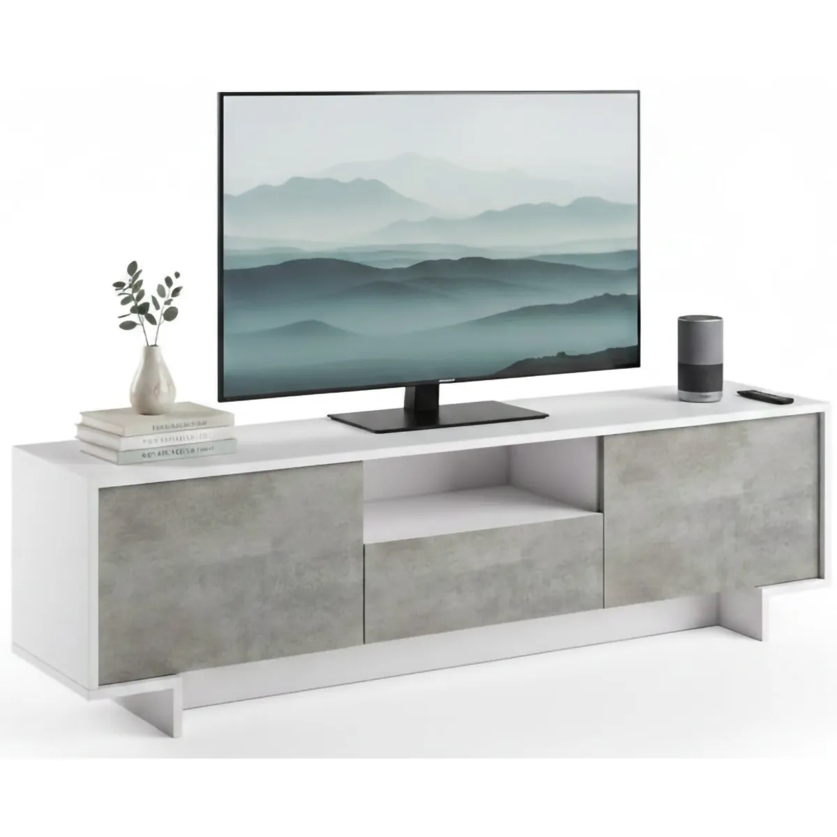Mobili Porta Tv|Salotto > Dmora Mobile TV bianco e cemento 170x42x48h cm 2 ante e 1 cassetto - Atina Grigio, Bianco Cemento