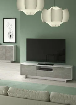Mobili Porta Tv|Salotto > Dmora Mobile TV bianco e cemento 170x42x48h cm 2 ante e 1 cassetto - Atina Grigio, Bianco Cemento