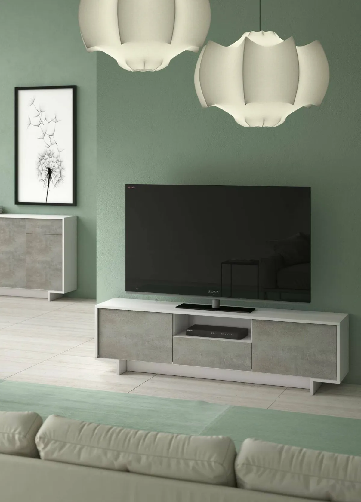 Mobili Porta Tv|Salotto > Dmora Mobile TV bianco e cemento 170x42x48h cm 2 ante e 1 cassetto - Atina Grigio, Bianco Cemento
