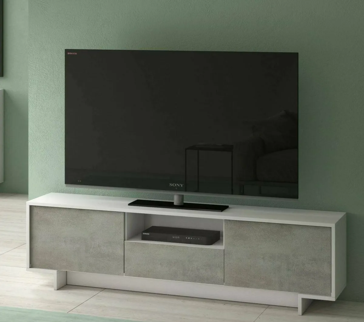 Mobili Porta Tv|Salotto > Dmora Mobile TV bianco e cemento 170x42x48h cm 2 ante e 1 cassetto - Atina Grigio, Bianco Cemento
