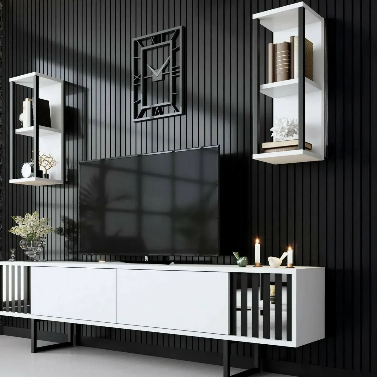 Mobili Porta Tv|Salotto > Dmora Mobile TV bianco e nero 180x30x48h cm modulabile - Iva Nero, Bianco