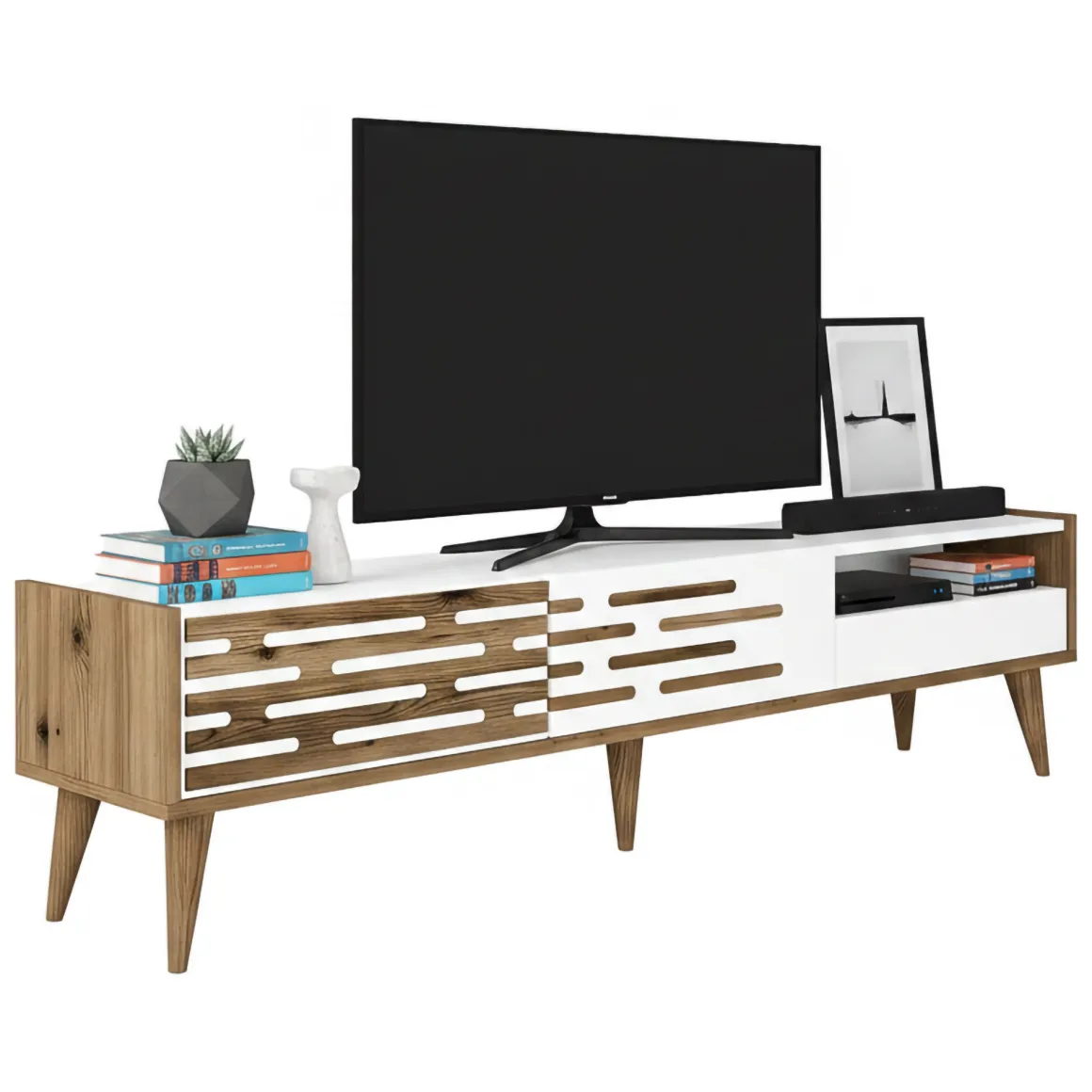 Mobile TV bianco e noce 180x45x35h cm 3 ante - Upana