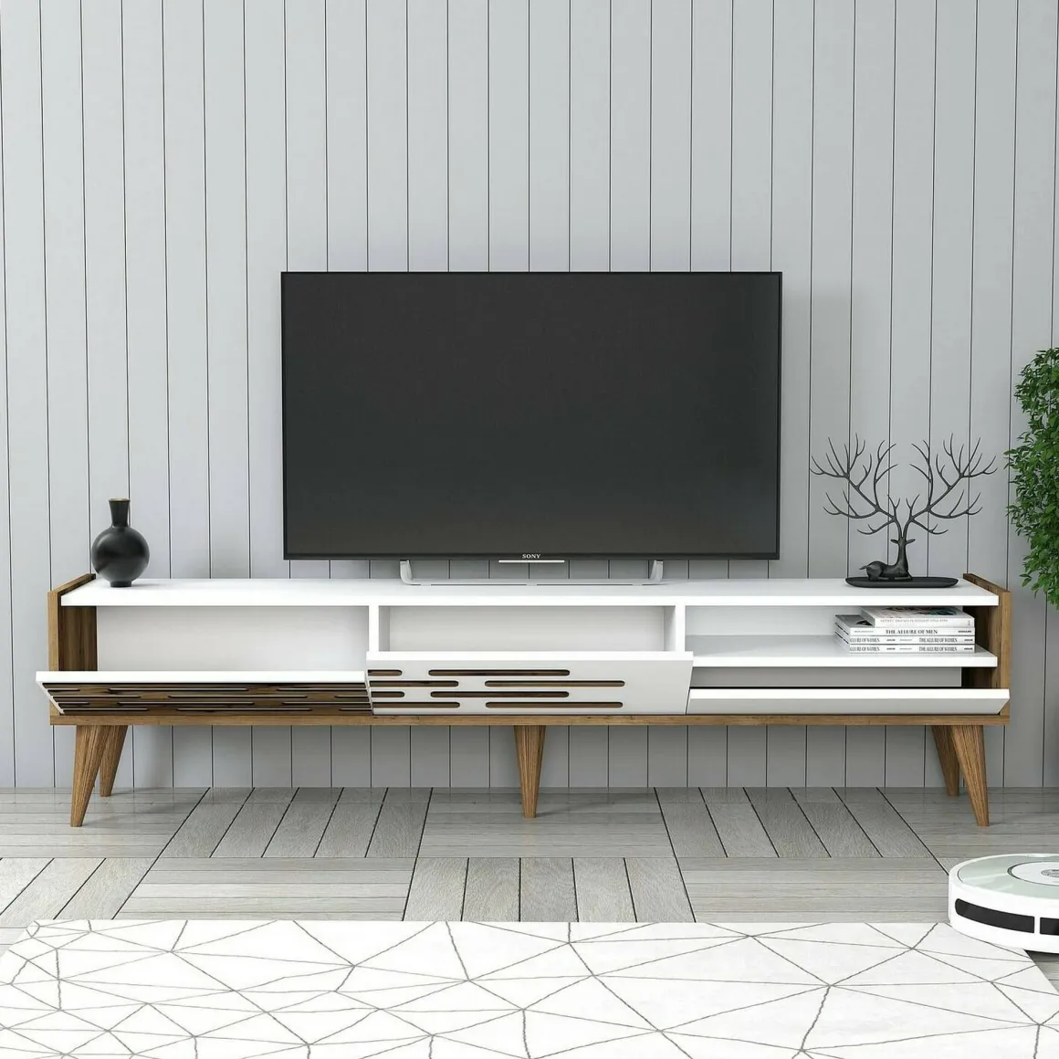 Mobile TV bianco e noce 180x45x35h cm 3 ante - Upana