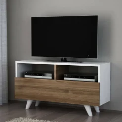 Mobili Porta Tv > Dmora Mobile TV bianco e noce 90x29x50h cm in legno - Mun Marrone, Bianco Noce