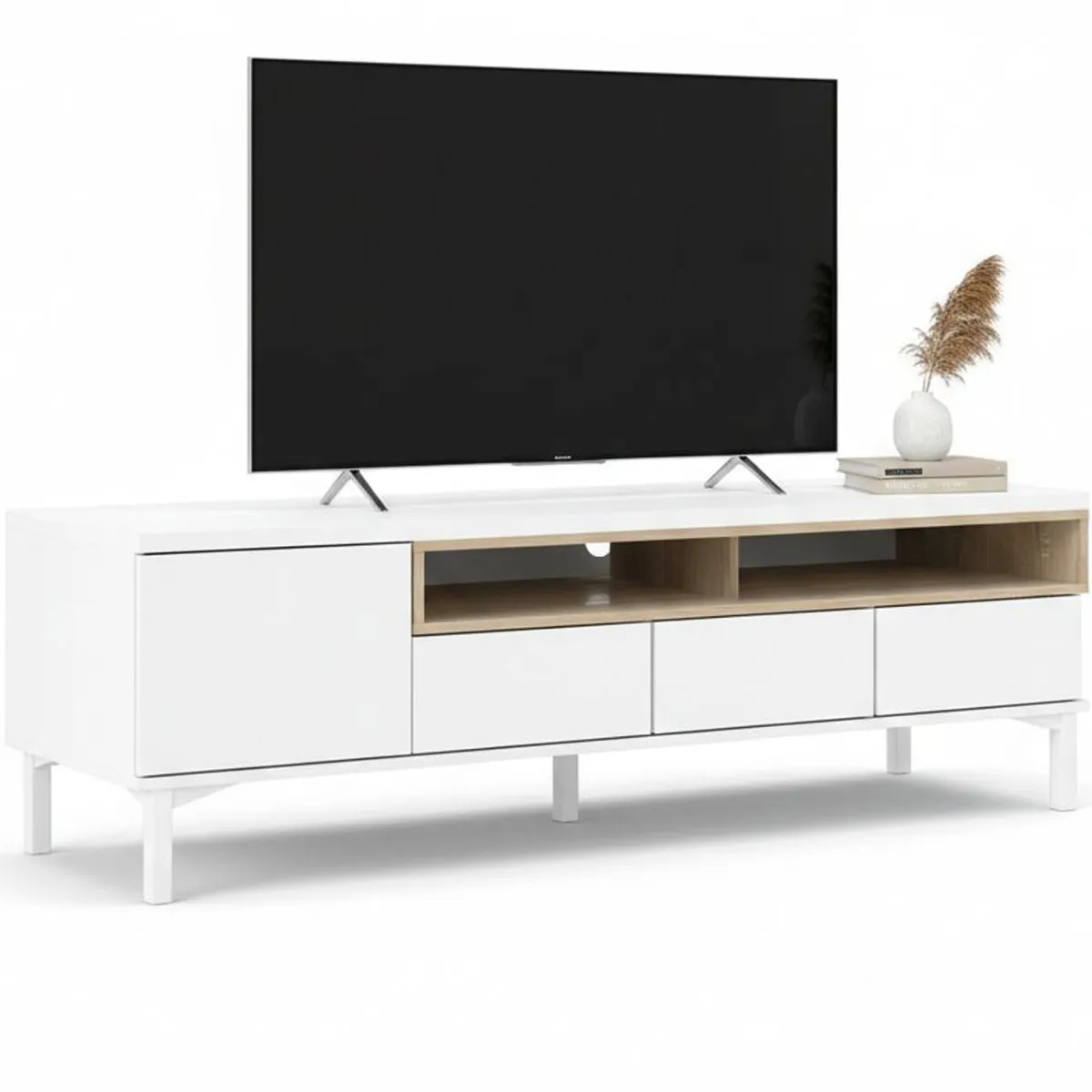 Mobili Porta Tv > Dmora Mobile TV bianco e quercia 155x48x48h cm in legno - Rosata Marrone, Bianco Quercia