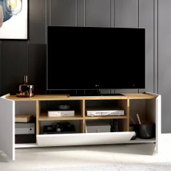 Mobile TV bianco e rovere nodi 141x34x43h cm 3 ante - Vulcano