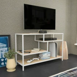 Mobili Porta Tv|Salotto > Dmora Mobile TV bianco e rovere 130x40x36h cm 2 ante - Ahuri Marrone, Bianco Rovere